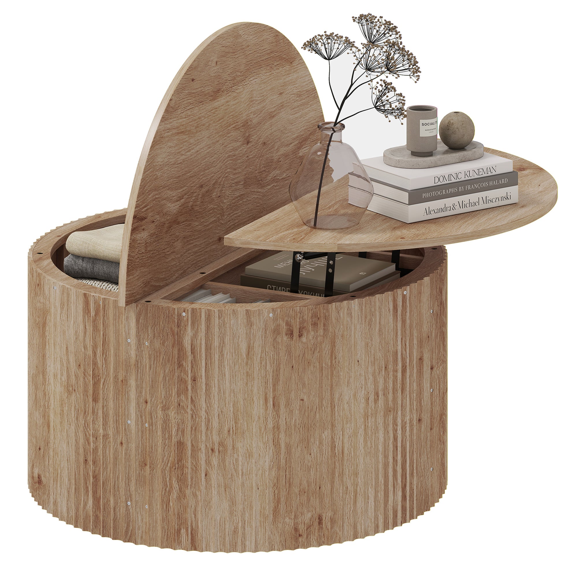 HOMCOM Round Lift Top Coffee Table 80cm Storage Natural Wood