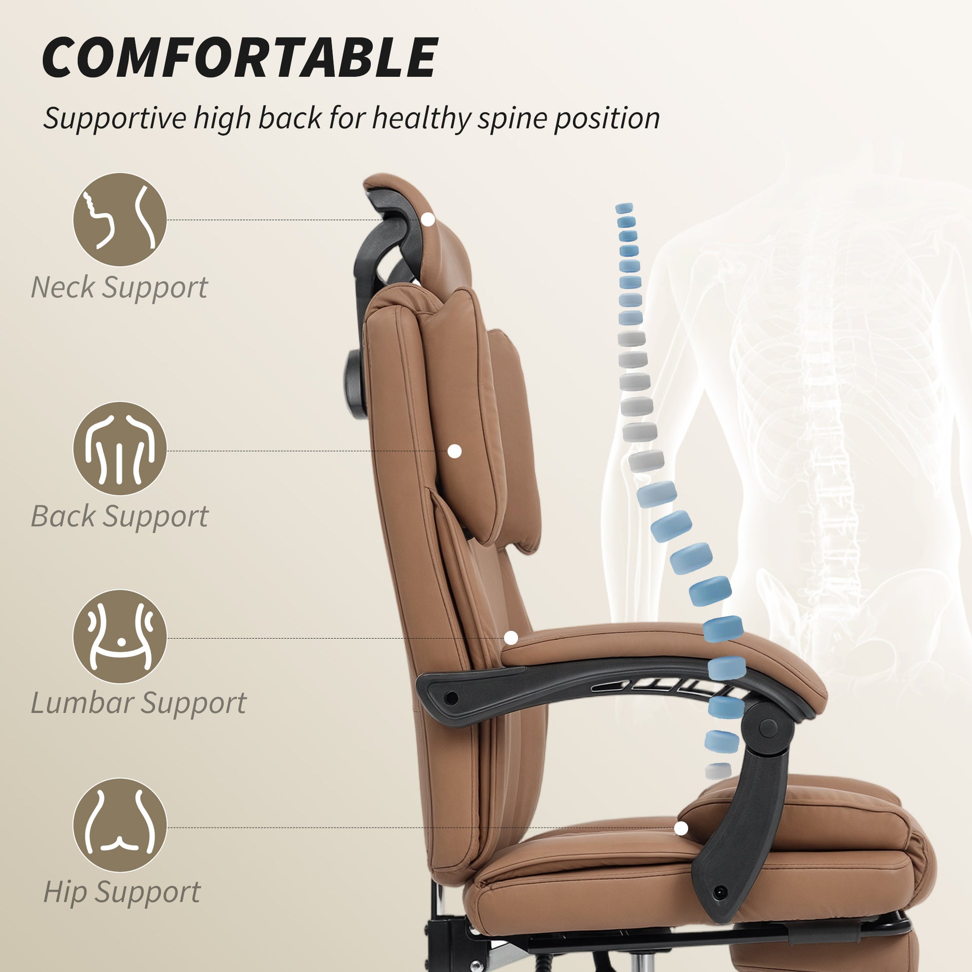 HOMCOM Executive Reclining Office Chair, Pet-Friendly Fabric, Footrest, Swivel Wheels, Brown