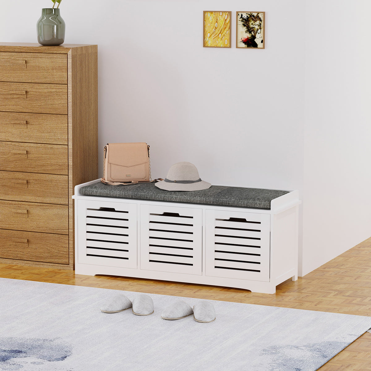 Upholstered Shoe Storage Bench with Padded Cushion – 43"W x 17"H