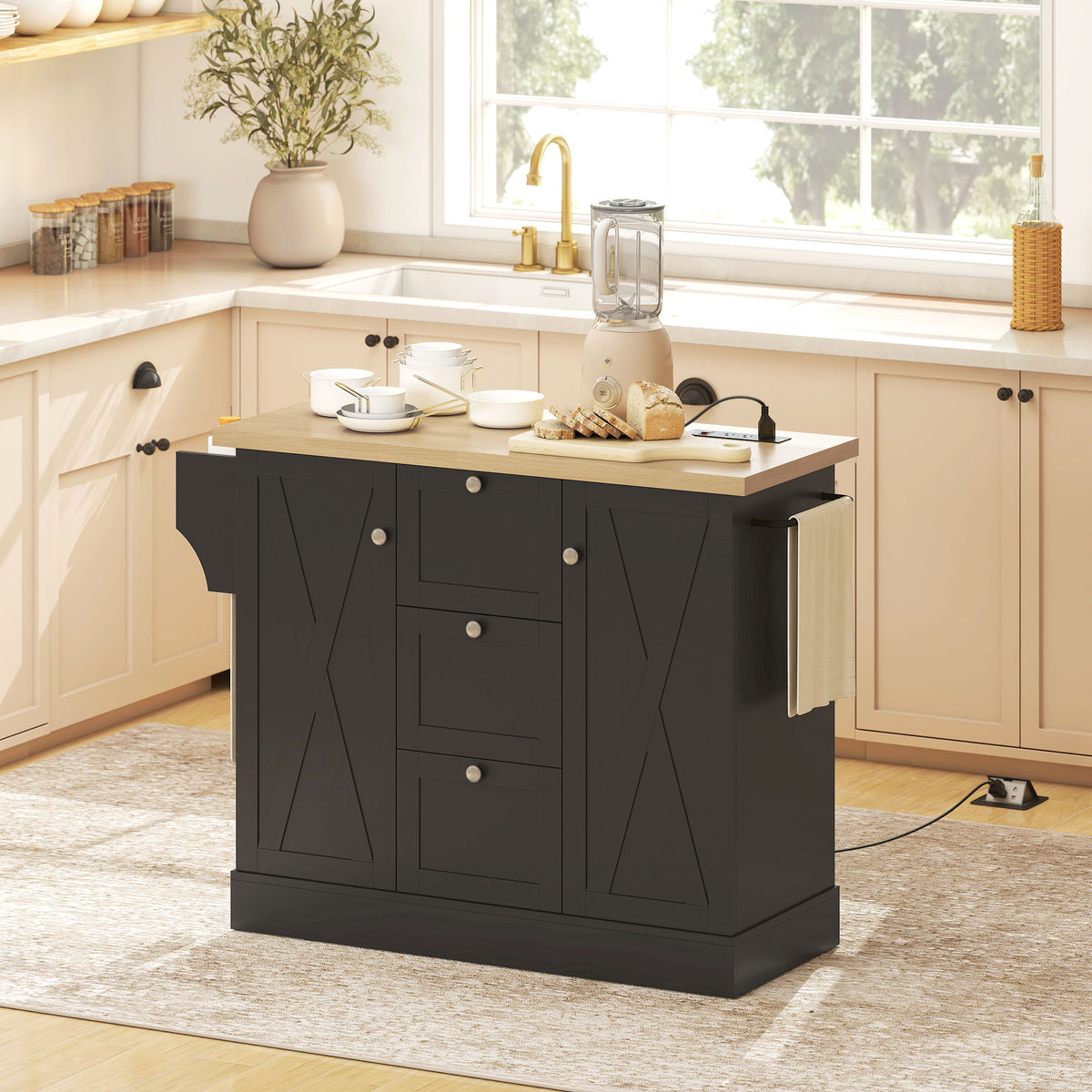 Farmhouse Kitchen Island Cart with Power Outlet and Soft-Close Doors – 49"W x 35"H