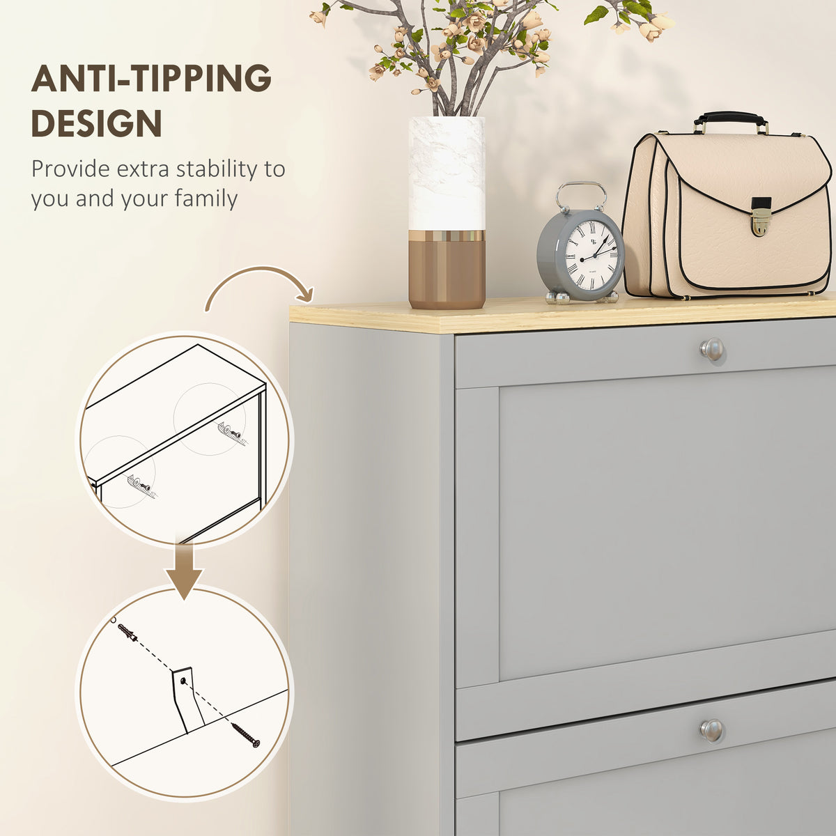 Modern Shoe Storage with 3 Flip Drawers and Adjustable Shelves – 24"W x 45"H