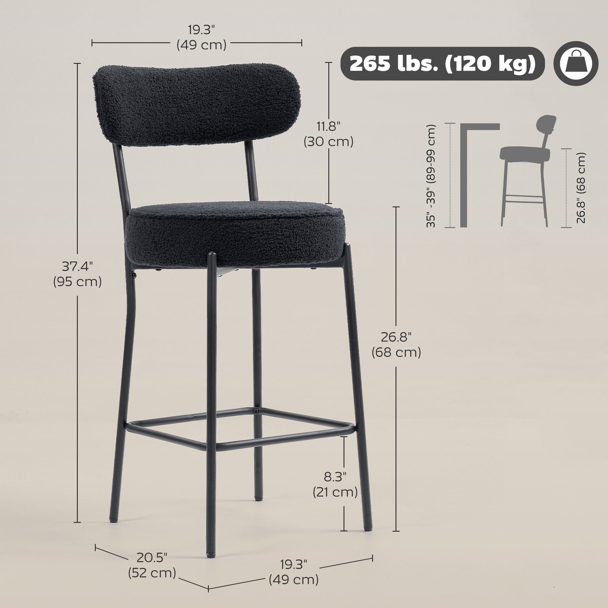 HOMCOM Set of 2 Modern Black Sherpa Bar Stools - Backrest, Footrest, Upholstered Comfort