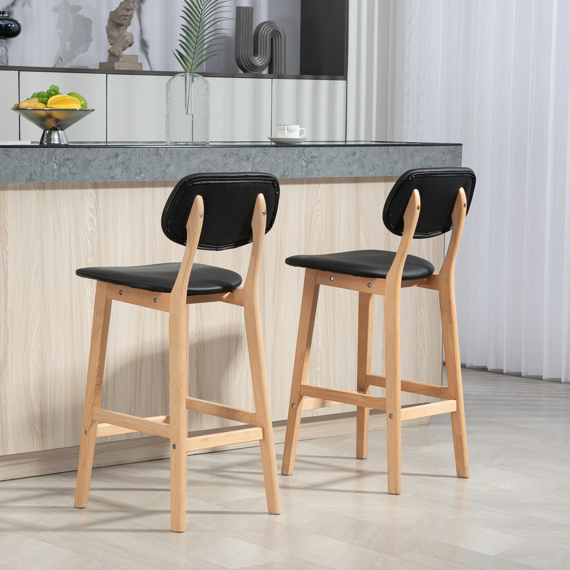 HOMCOM Set of 2 Black PU Leather Counter Height Bar Stools Solid Wood