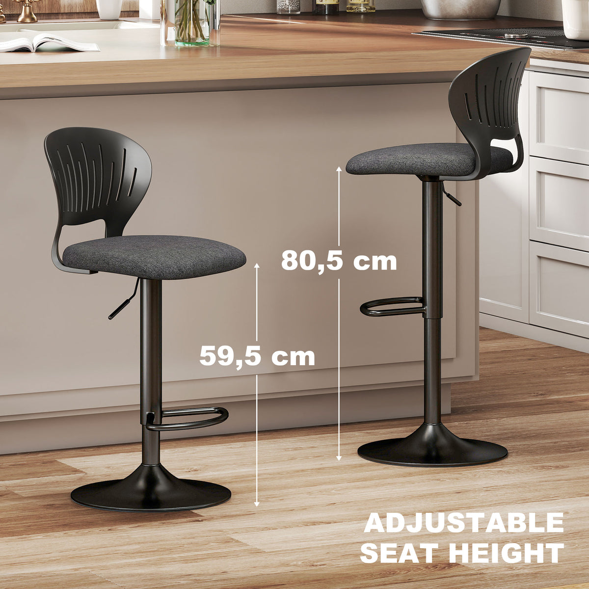 Linen-Look Swivel Counter Stools with Hollow Backrest and Footrest, Set of 2, Black