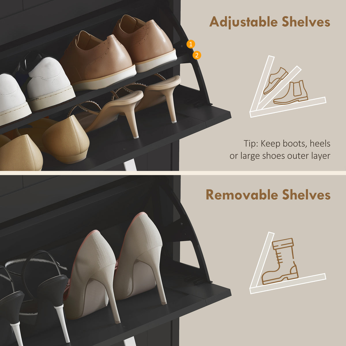 Slim Shoe Cabinet with 3 Flip Drawers and Adjustable Shelves – 21"W x 46"H