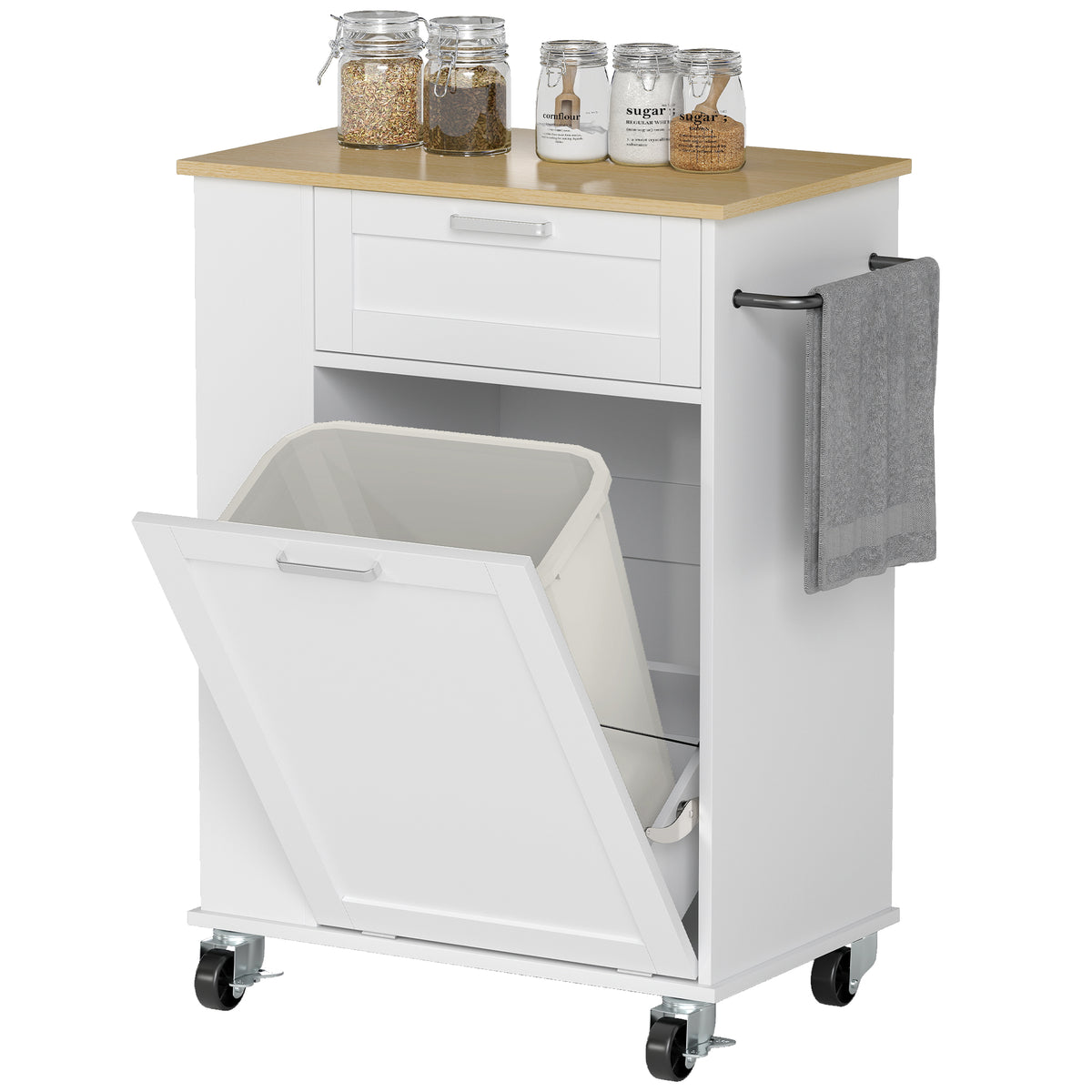 Rolling Kitchen Island with Trash Can Storage – 28"W x 35"H