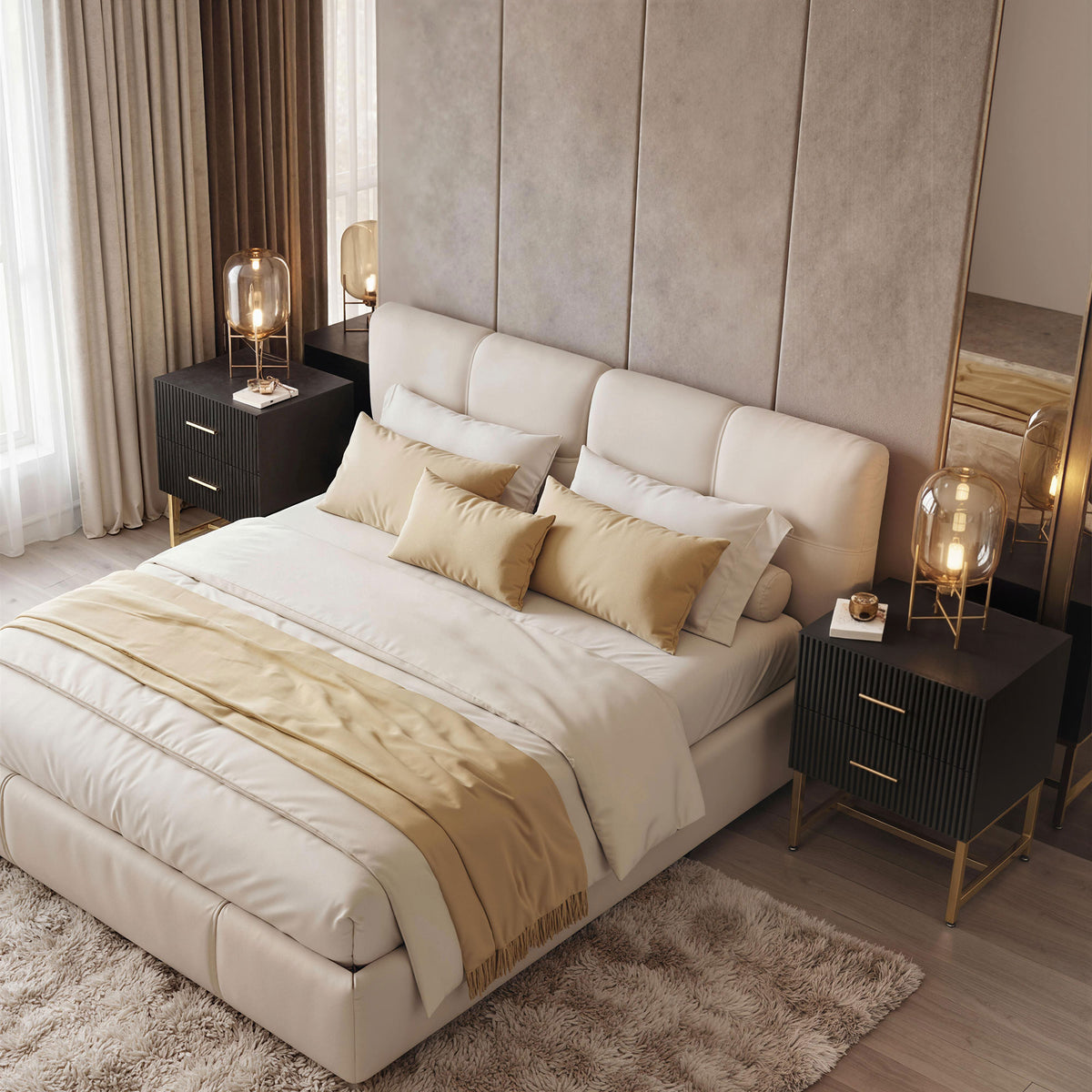 Fluted 2-Drawer Nightstands with Gold Legs, Set of 2 – 16"W x 19"H