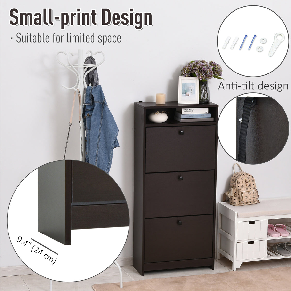 Slim Shoe Storage with 3 Flip Drawers and Adjustable Shelves – 24"W x 52"H