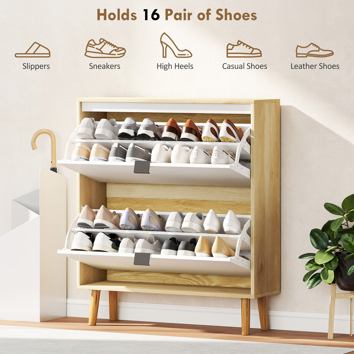 High Gloss Narrow Shoe Cabinet with 2 Flip Drawers – 32"W x 36"H