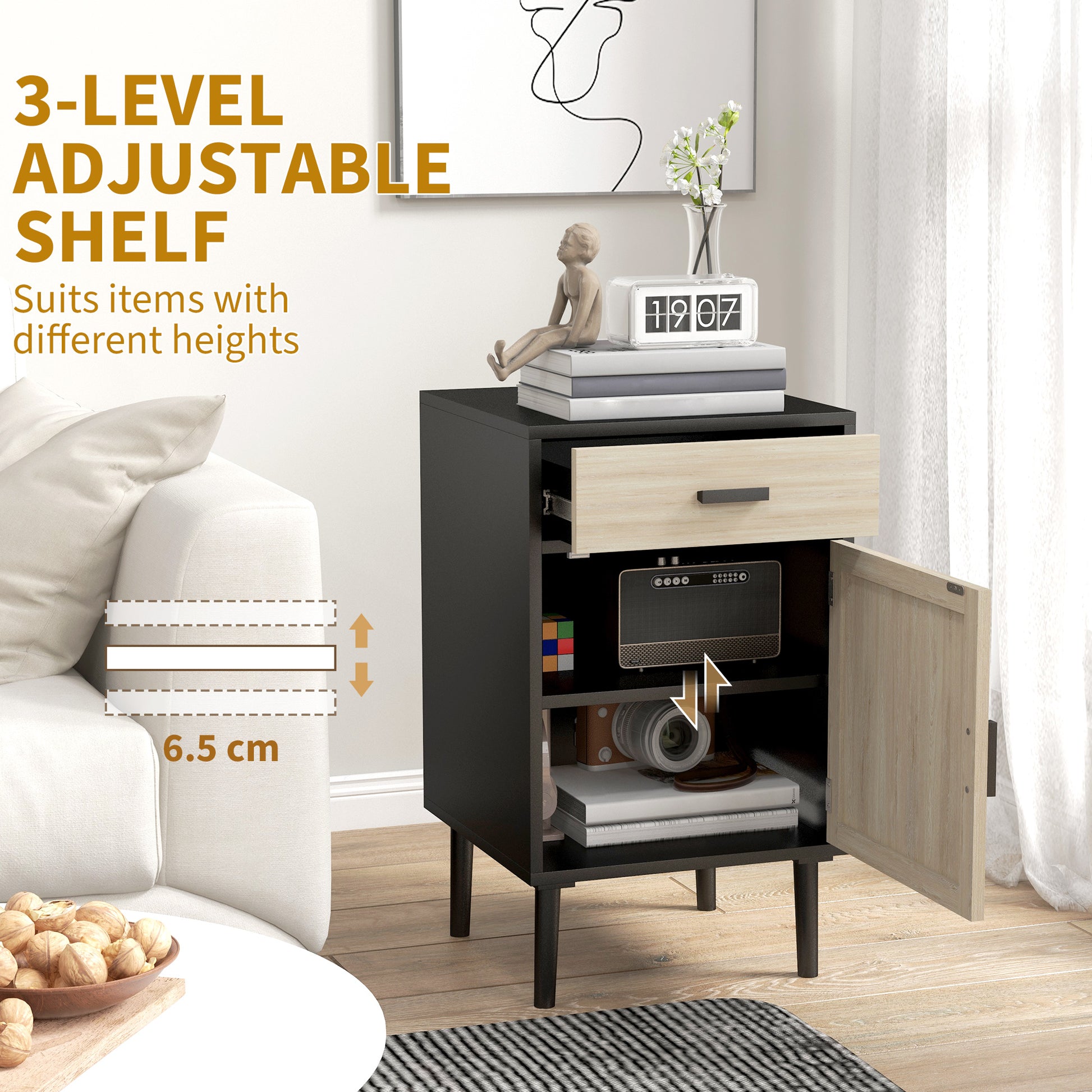 Elegant Dual Boho Rattan Nightstands with Drawer, Adjustable Shelf, Black Finish