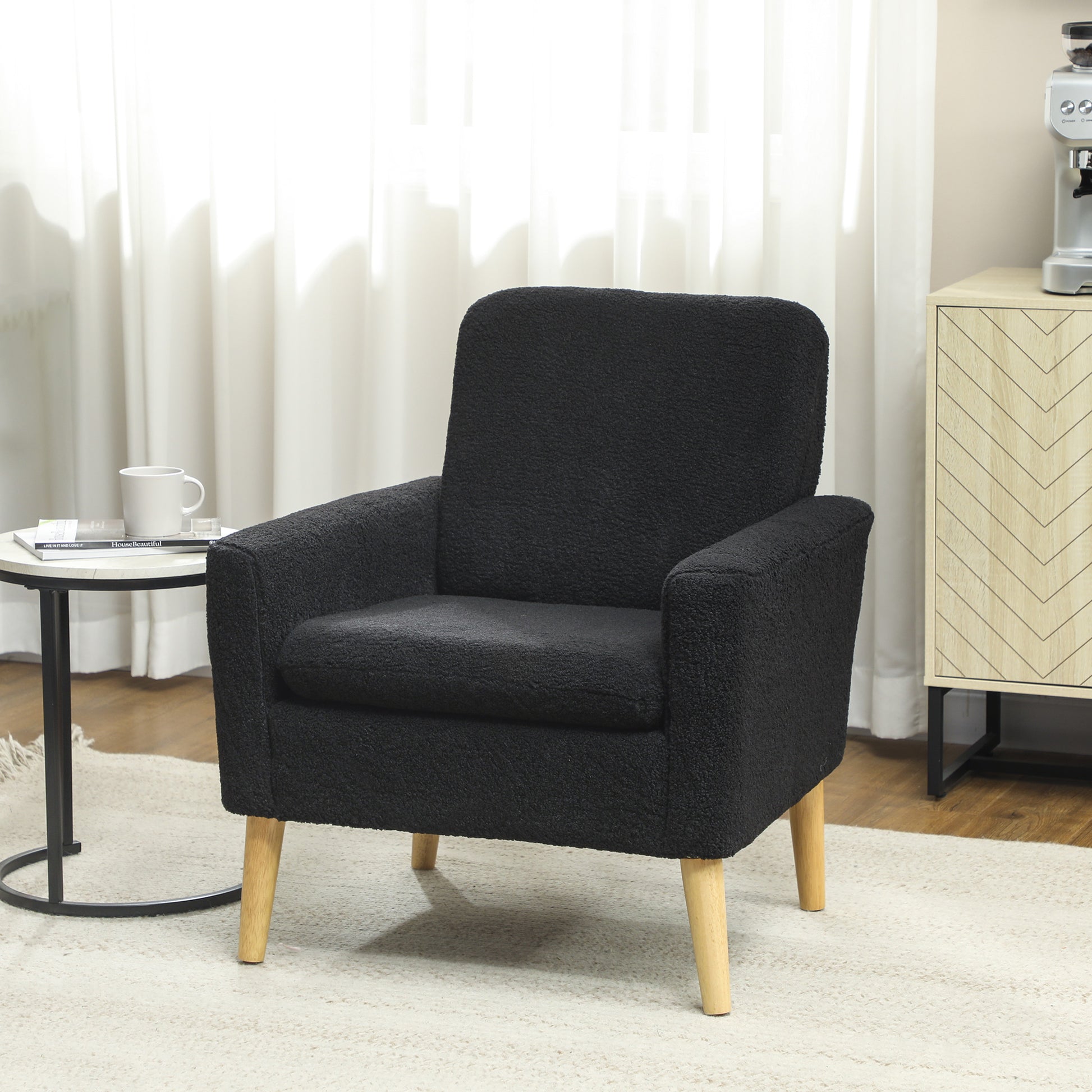 HOMCOM Modern Upholstered Black Fabric Accent Chair with Wood Legs