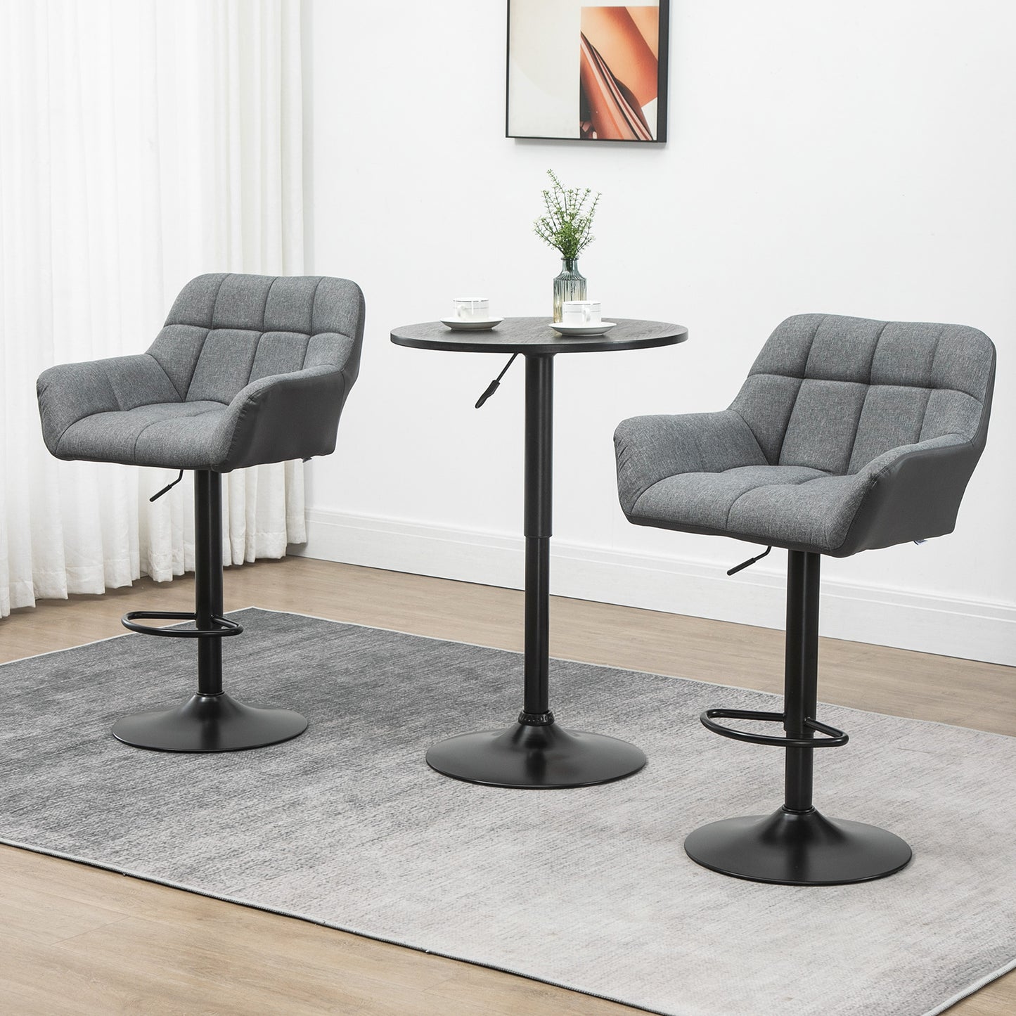 HOMCOM Modern Adjustable Swivel Bar Stools Set, Tufted Fabric, Armrests, Footrest, Grey