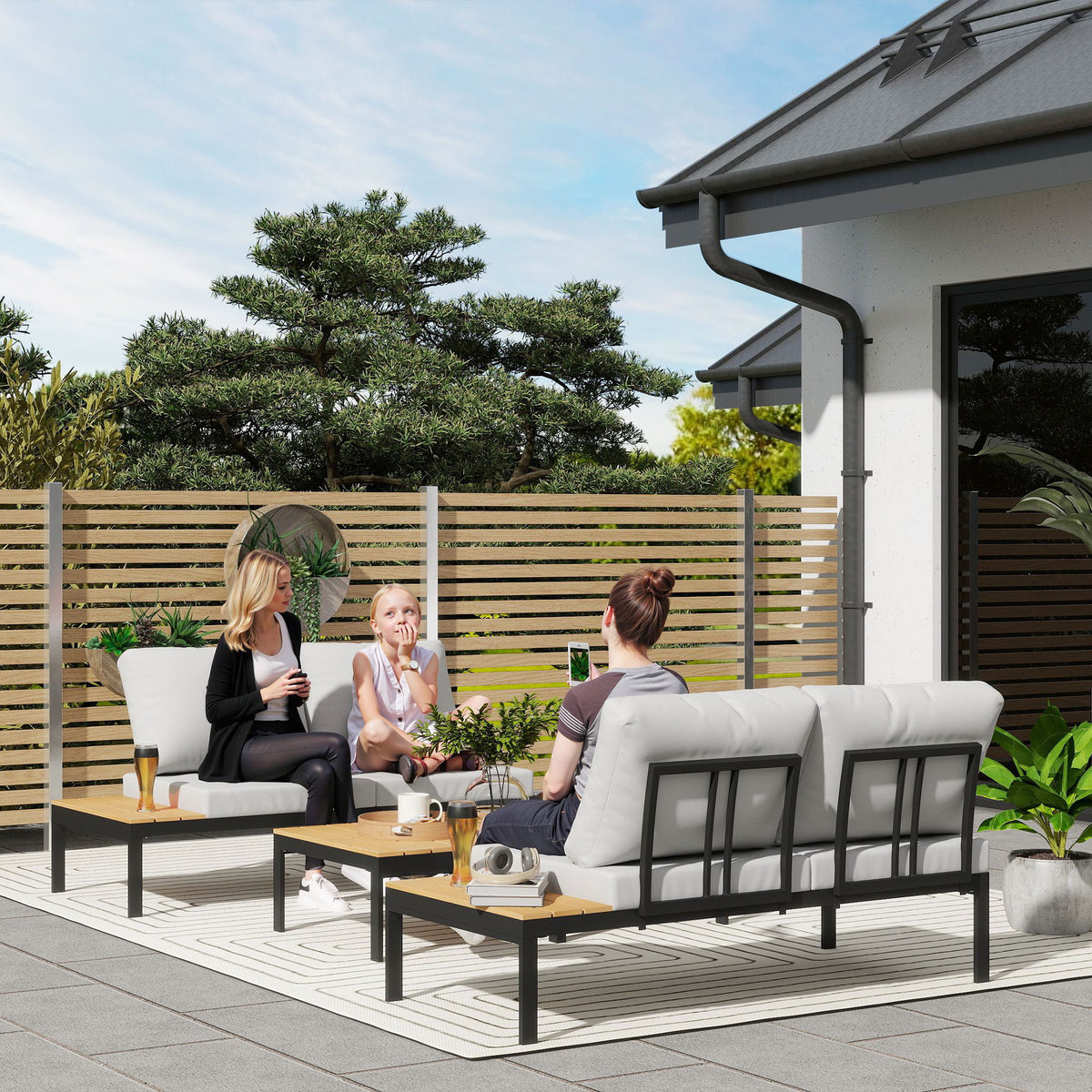 4 Piece L Shaped Garden Furniture Set, 4 Seater Outdoor Corner Garden Set, 2 Loveseats, 2 Coffee Tables