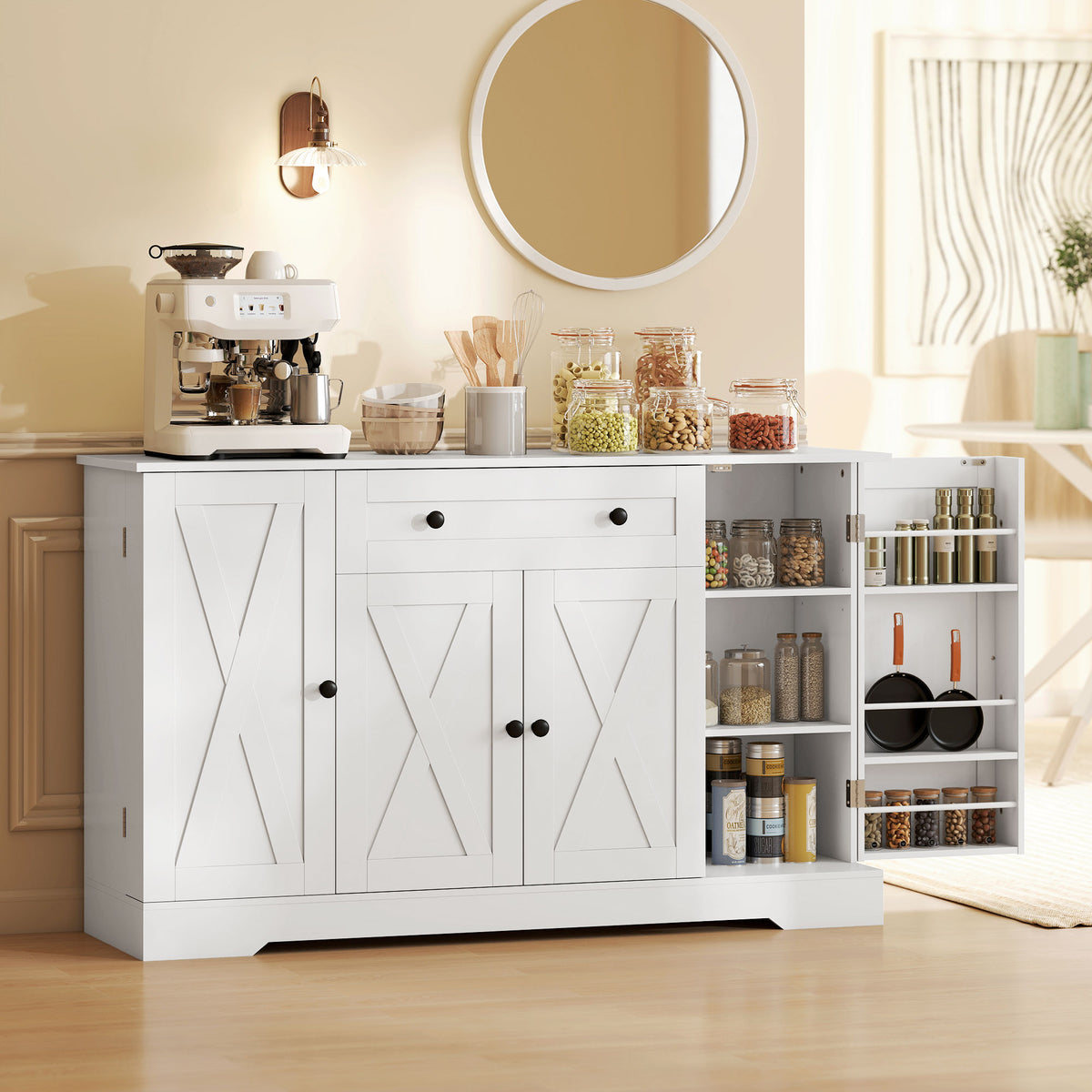 Farmhouse Sideboard with Barn Doors and Door Shelves – 54"W x 33"H