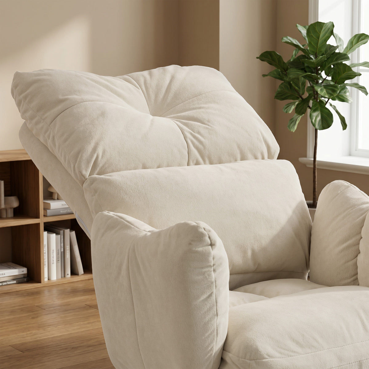 Office Chair with Footrest, Ergonomic Reclining Computer Gaming Chair with Snow Flannel Fabric, Cream