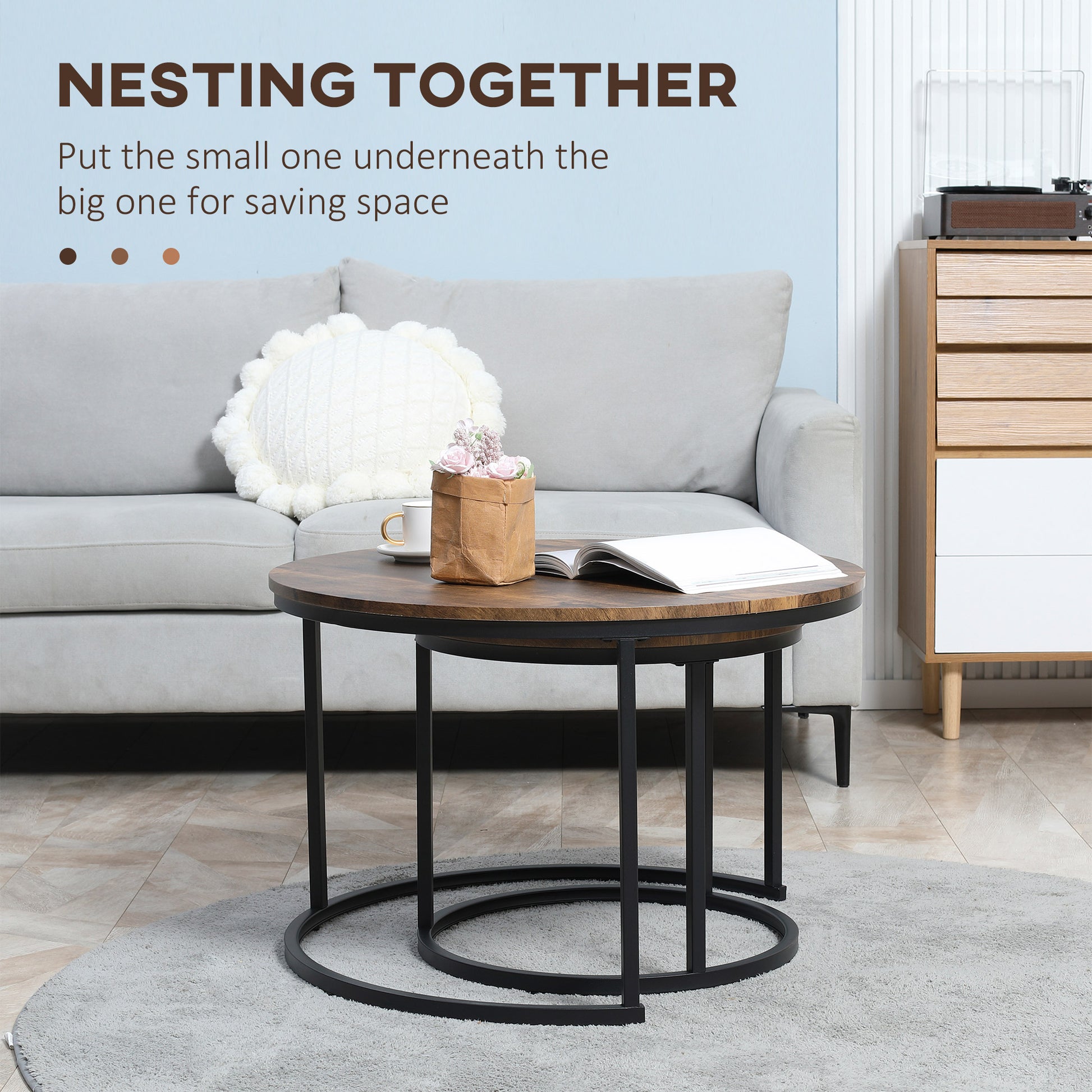 HOMCOM Round Nesting Tables Set of 2, Stacking Coffee Tables, Rustic Brown Metal Frame