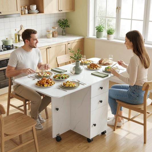 Drop Leaf Dining Table, Mobile Folding Table on Wheels with Drawers and Cabinet for Dining Room, Kitchen