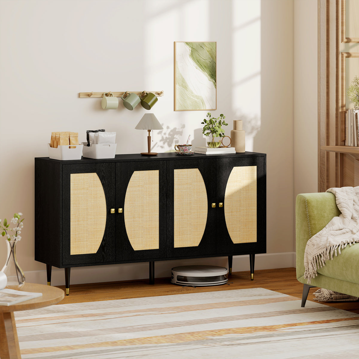 Boho Sideboard with Rattan Doors and Soft-Close Hinges – 55"W x 31"H