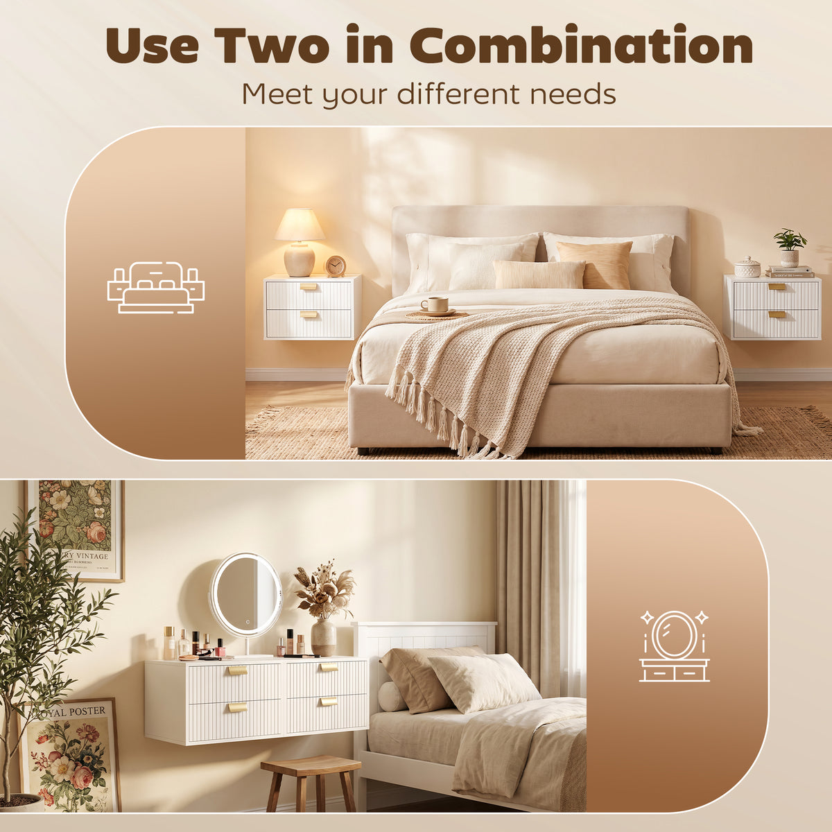 Floating Nightstands with 2 Wave Drawers, Set of 2 – 16"W x 11"H