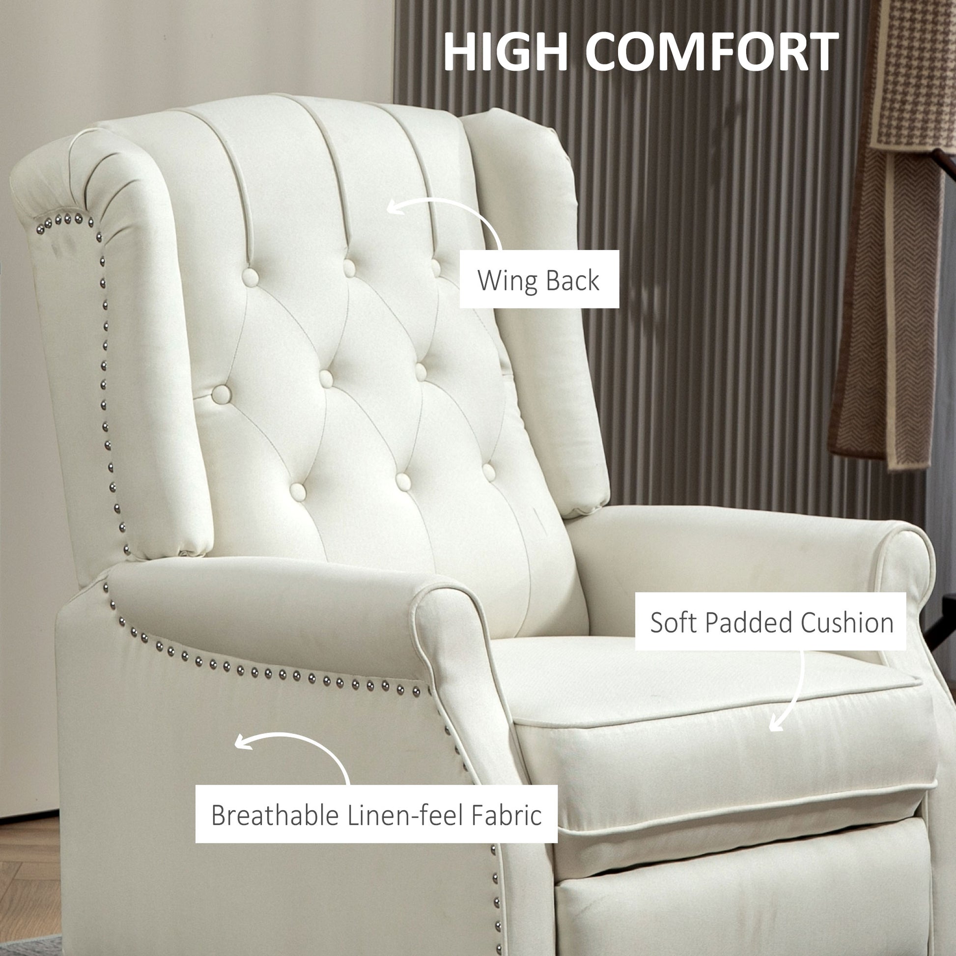 HOMCOM Cream White Wingback Recliner Chair with Button Tufted Footrest