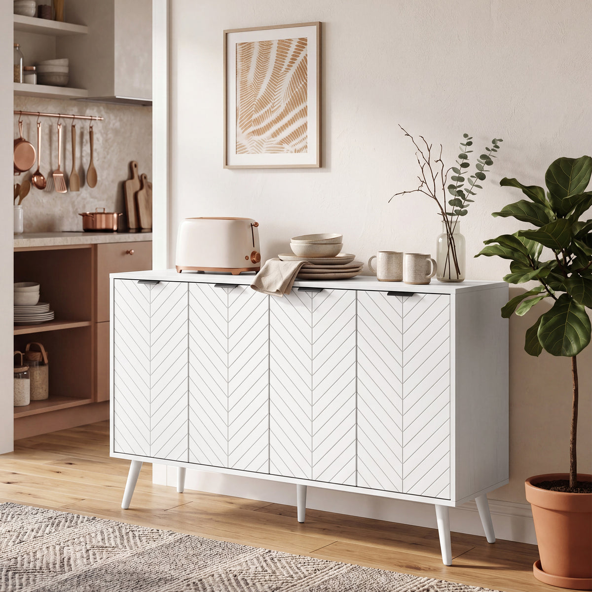 Modern Sideboard and Buffet with Adjustable Shelves and 4 Doors – 47"W x 30"H