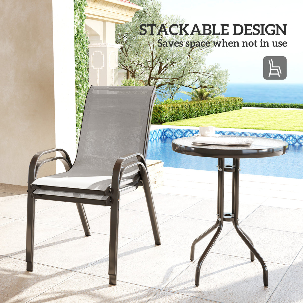 3 Pieces Bistro Set, Small Patio Furniture Set with Stackable Mesh Chairs, Glass Table for Garden, Balcony – Light Grey
