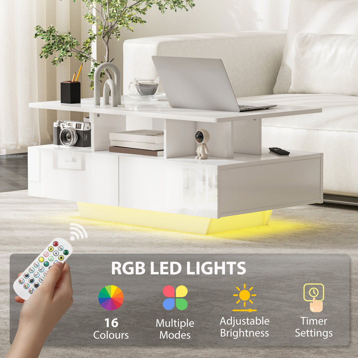 RGB LED Coffee Table with 4 Drawers and Open Shelf, High Gloss White