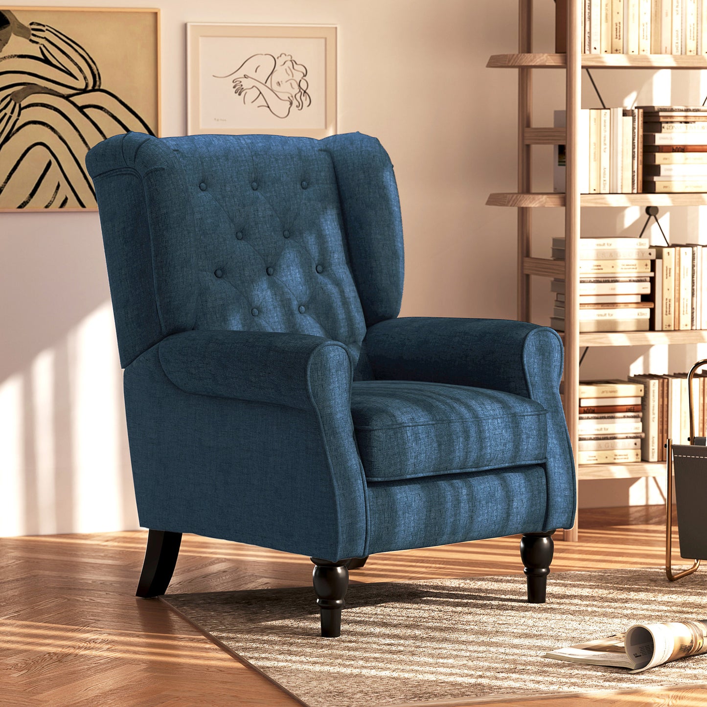 HOMCOM Blue Button Tufted Wingback Accent Chair, Rolled Arms, Padded Seat