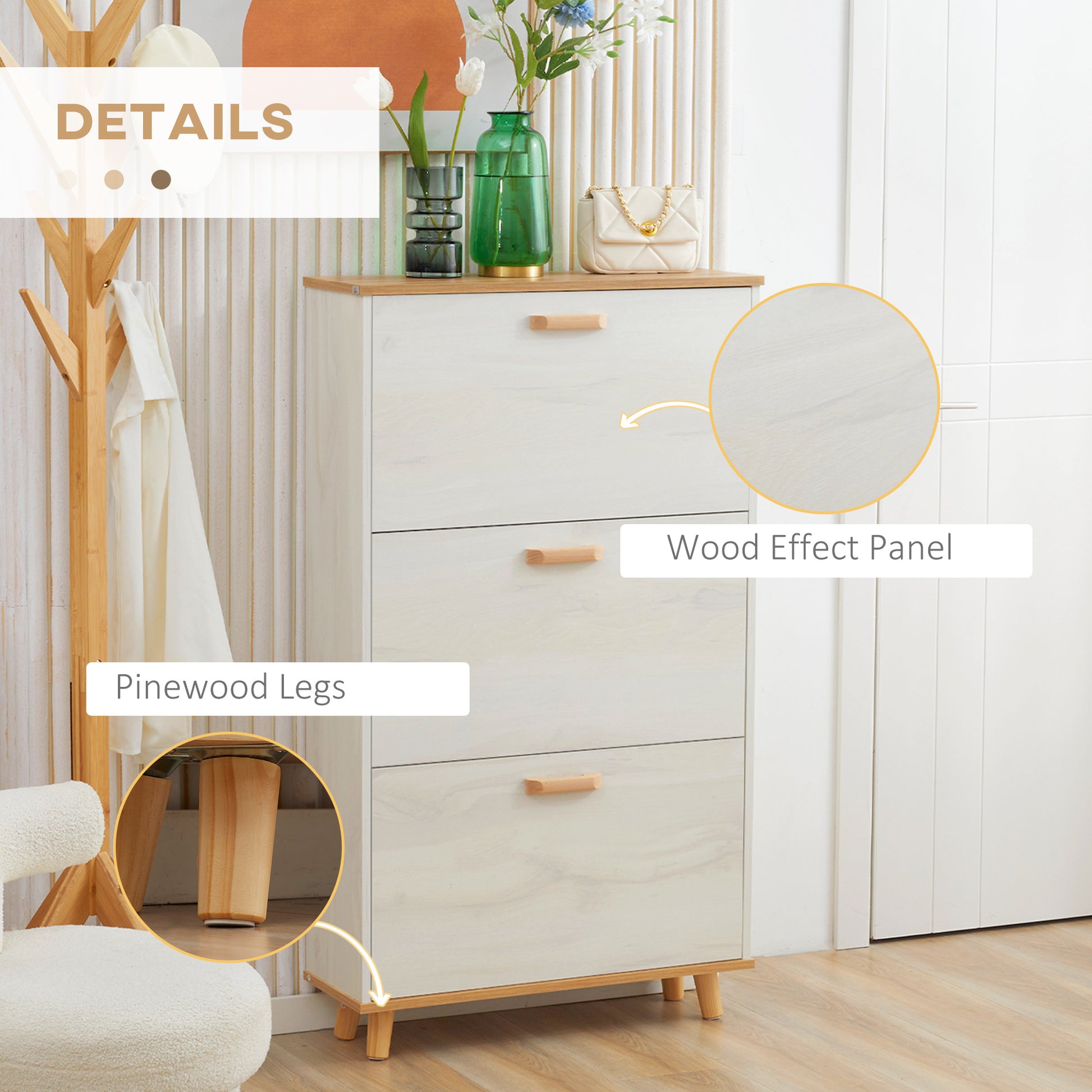 HOMCOM Modern White Shoe Cabinet with 3 Flip Drawers & Adjustable Shelves