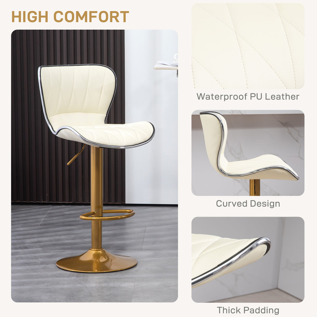 Diamond-Tufted PU Leather Swivel Counter Stools, Gold Base, Set of 2