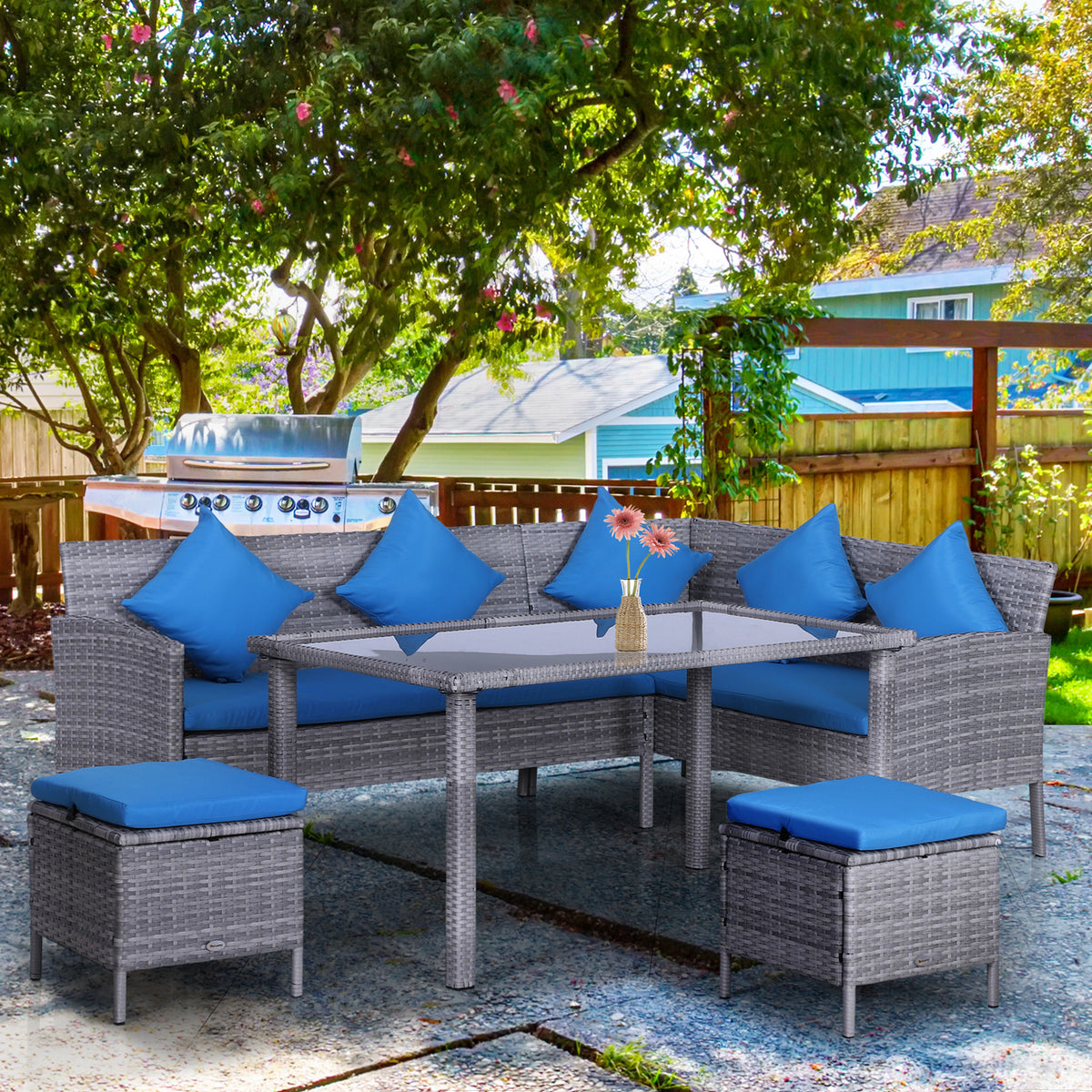 5 Pieces Wicker Patio Conversation Dining Furniture Set with Cushions, Table and Ottomans, Bright