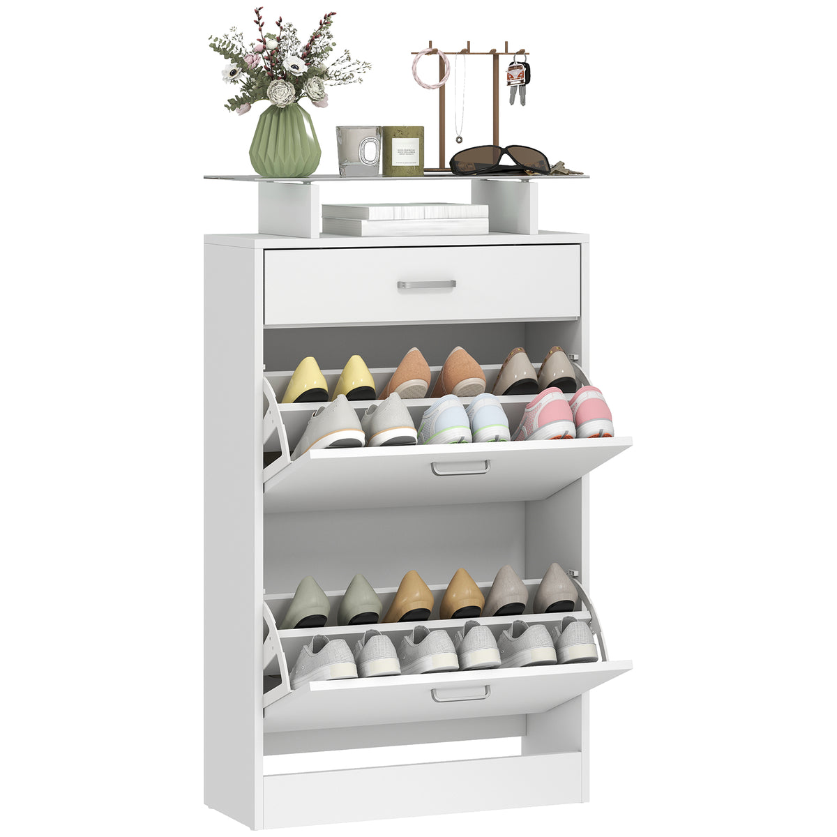 Slim Shoe Organizer Cabinet with 2 Flip Drawers – 24"W x 42"H