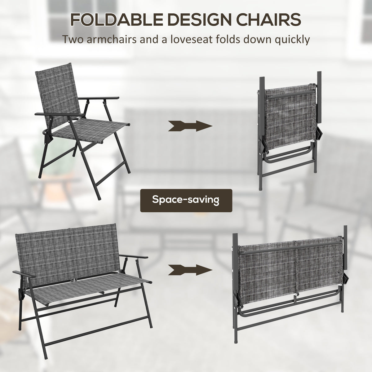 Outdoor 4 Pieces Patio Furniture Set, Garden Set with Two Foldable Armchairs, a Loveseat & Glass Top Table – Mixed Grey