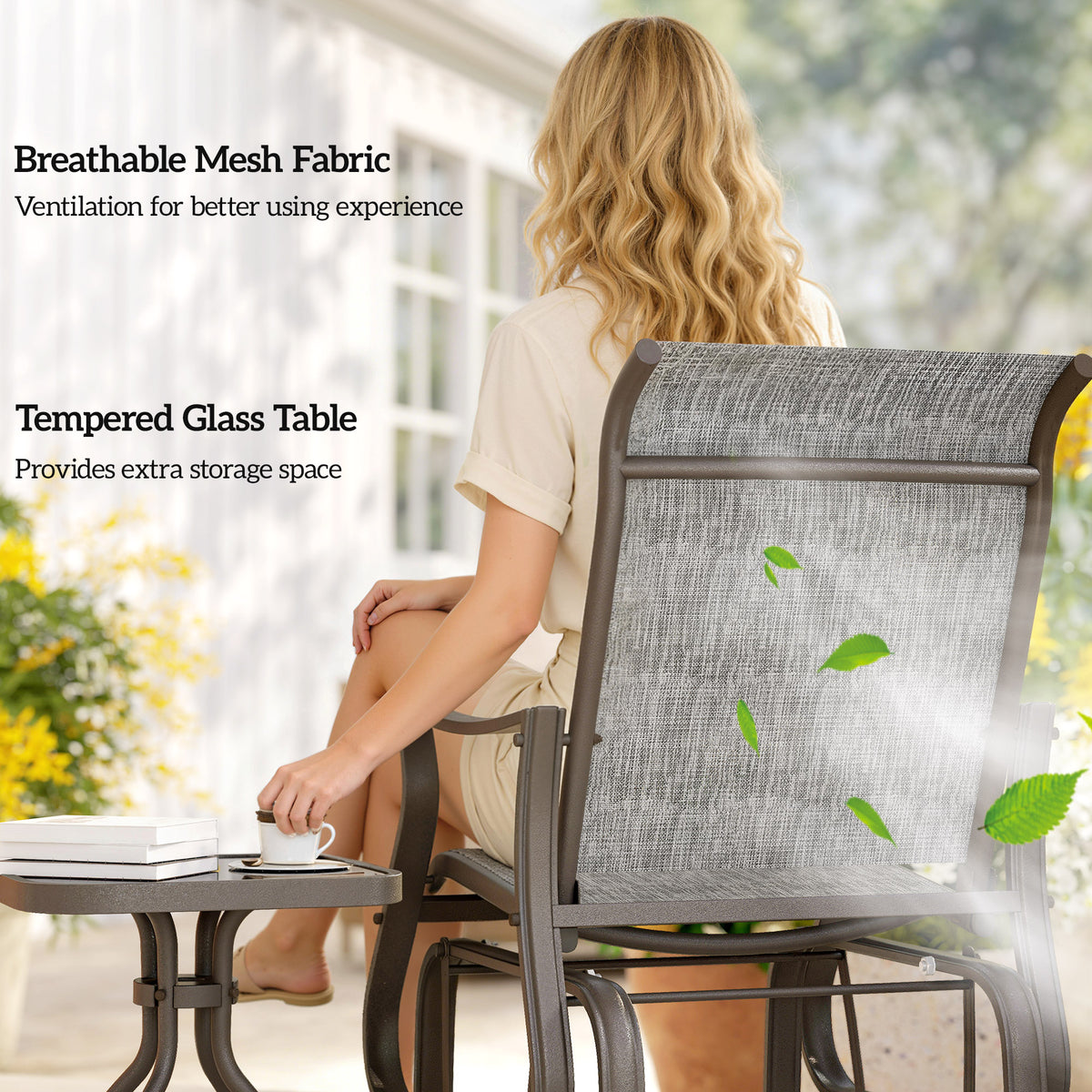 3PCs Gliding Rocking Chair & Bistro Tea Table Set