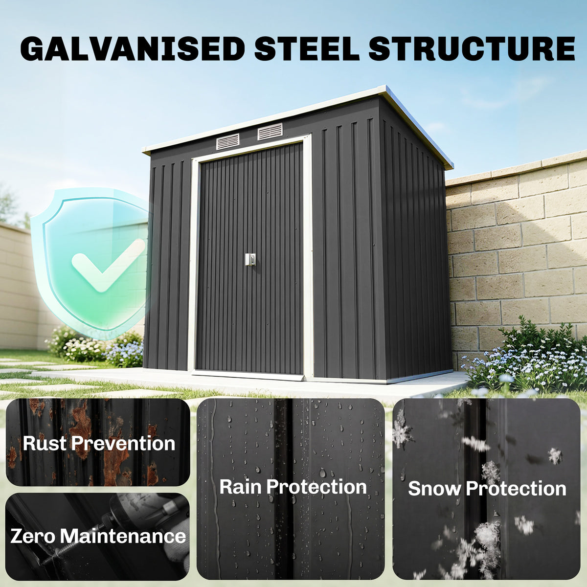 7 x 4ft Galvanised Steel Garden Shed, with Foundation Kit - – Dark Grey