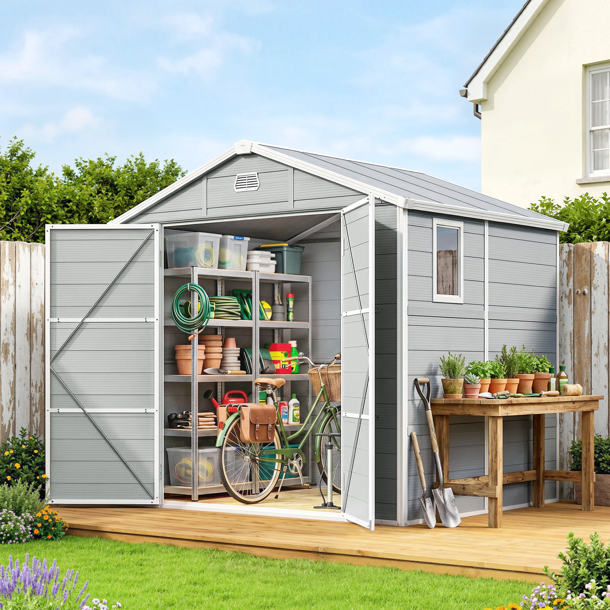 8' x 6' Garden Storage Shed, Outdoor Tool & Equipment Storage House with Wide Door, Foundation Kit, Vents, Window – Light Grey
