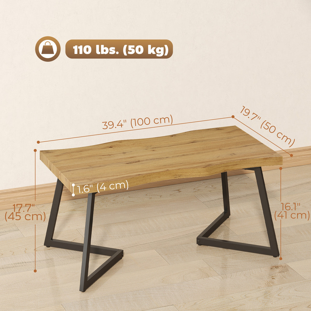 HOMCOM Coffee Table Curved Thick Top Living Room Accent Table Black Metal Legs, 39.4" x 19.7" x 17.7", Oak