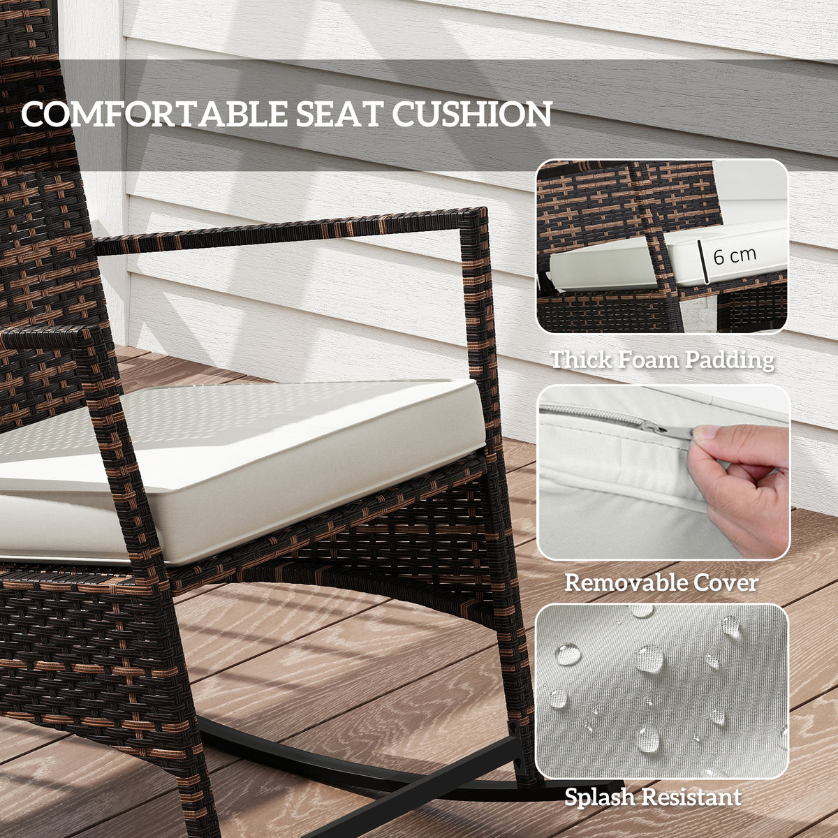 3 Piece Rocking Bistro Set, Wicker Patio Furniture with 3-Level Reclining High Back Rocking Chair and Glass Table