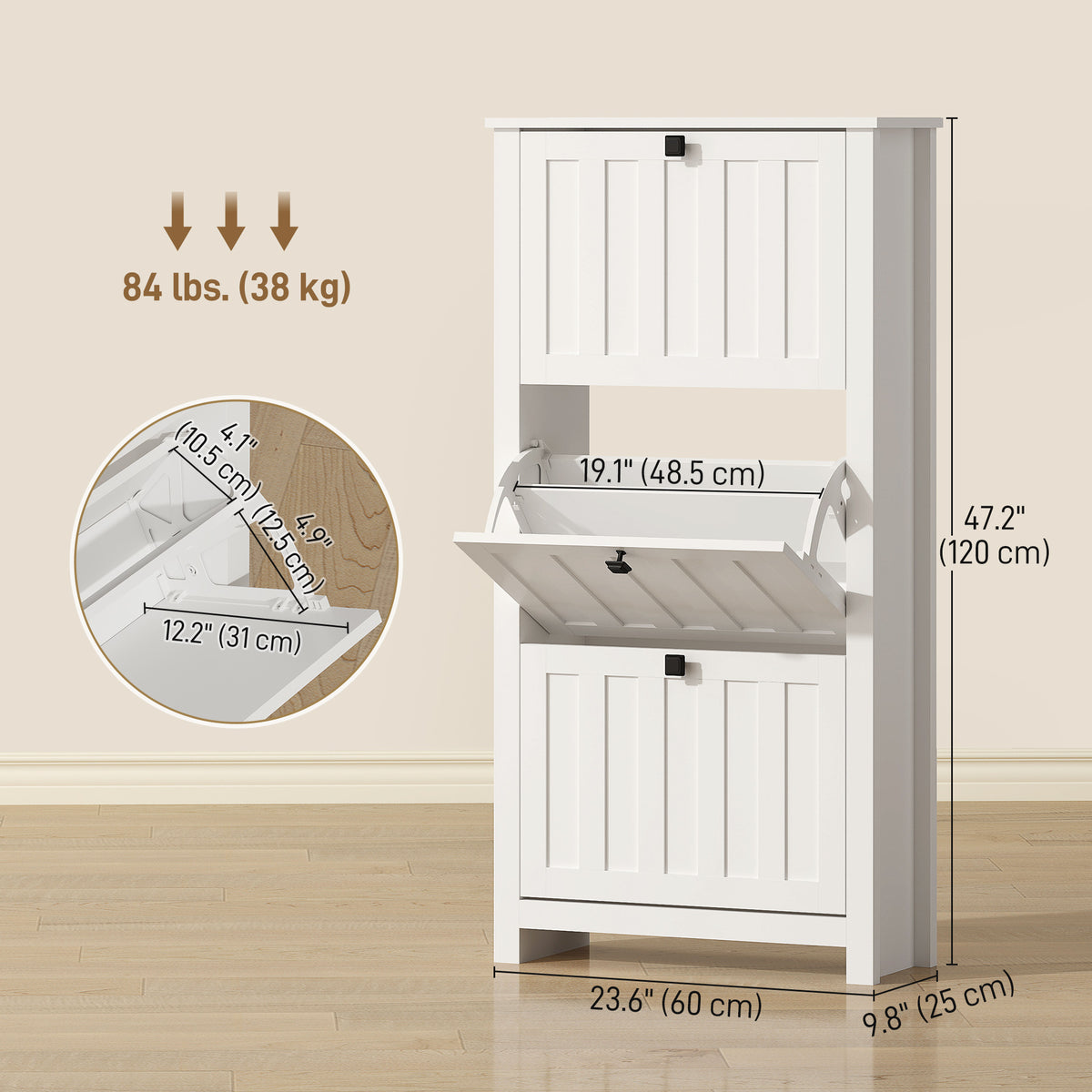 Slim Shoe Cabinet with 3 Flip Drawers – 24"W x 47"H