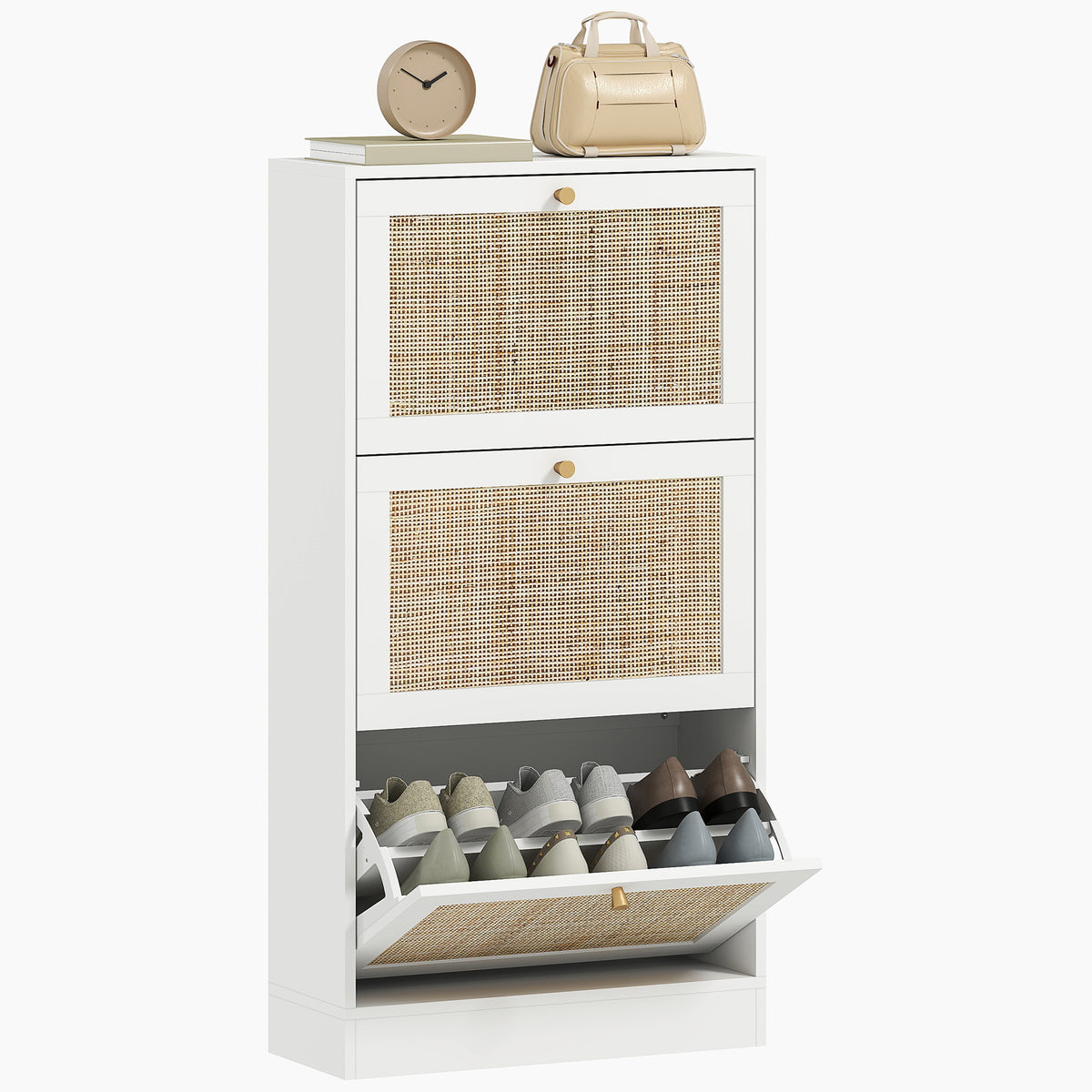 Rattan Shoe Storage Cabinet with 3 Flip Drawers – 24"W x 45"H