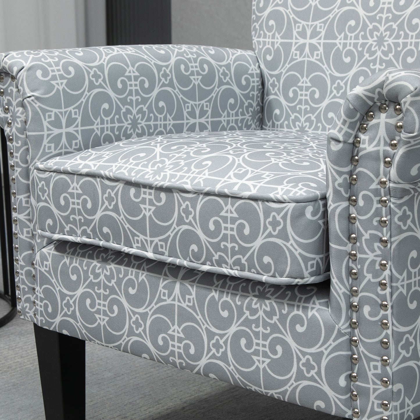 HOMCOM Modern Grey Linen Accent Chair, Rolled Arms, Nailhead Trim, Rubberwood Legs