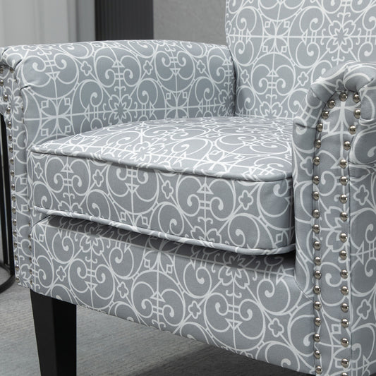 HOMCOM Modern Grey Linen Accent Chair, Rolled Arms, Nailhead Trim, Rubberwood Legs