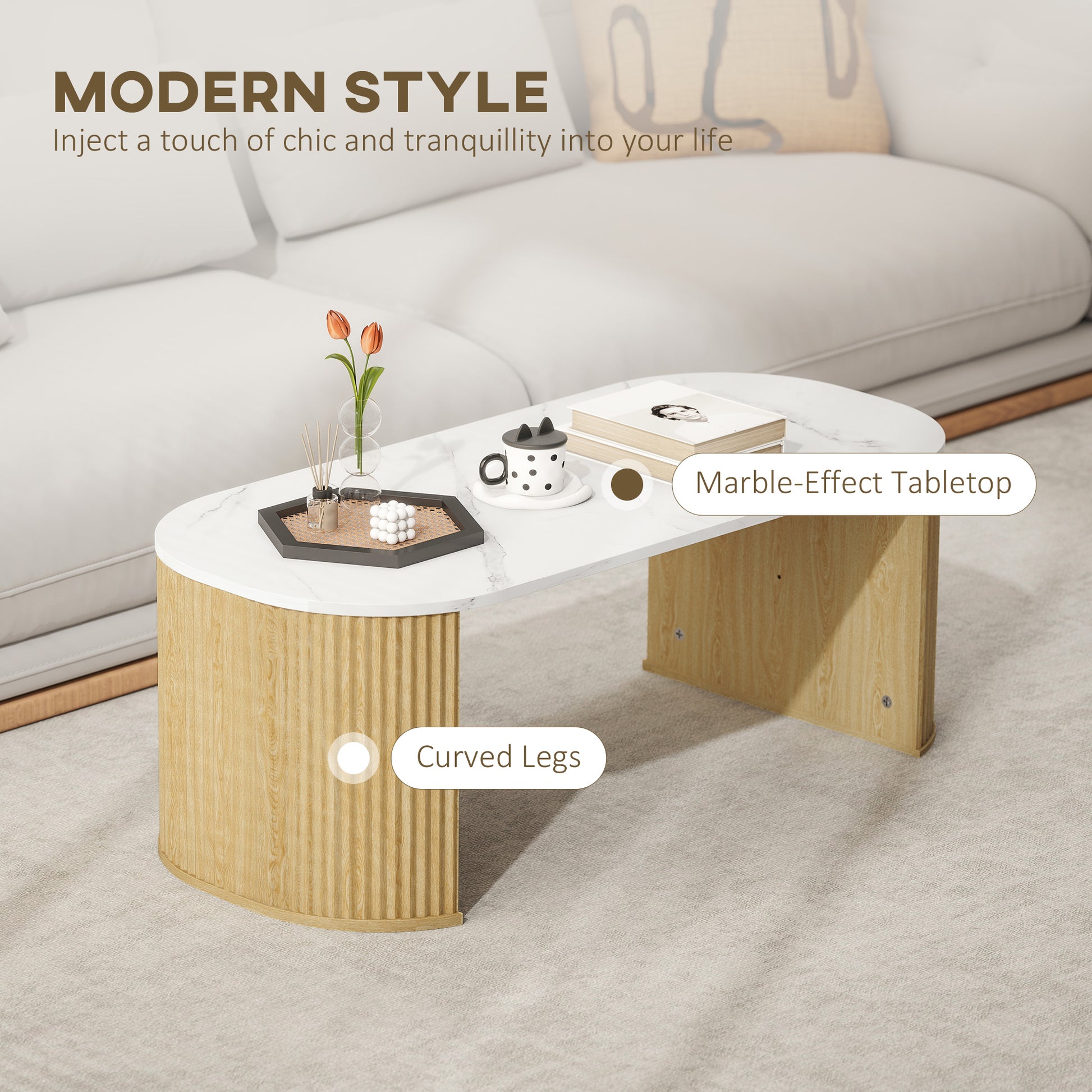 Modern Marble-Effect Coffee Table with Rounded Corners and Natural Wood Legs