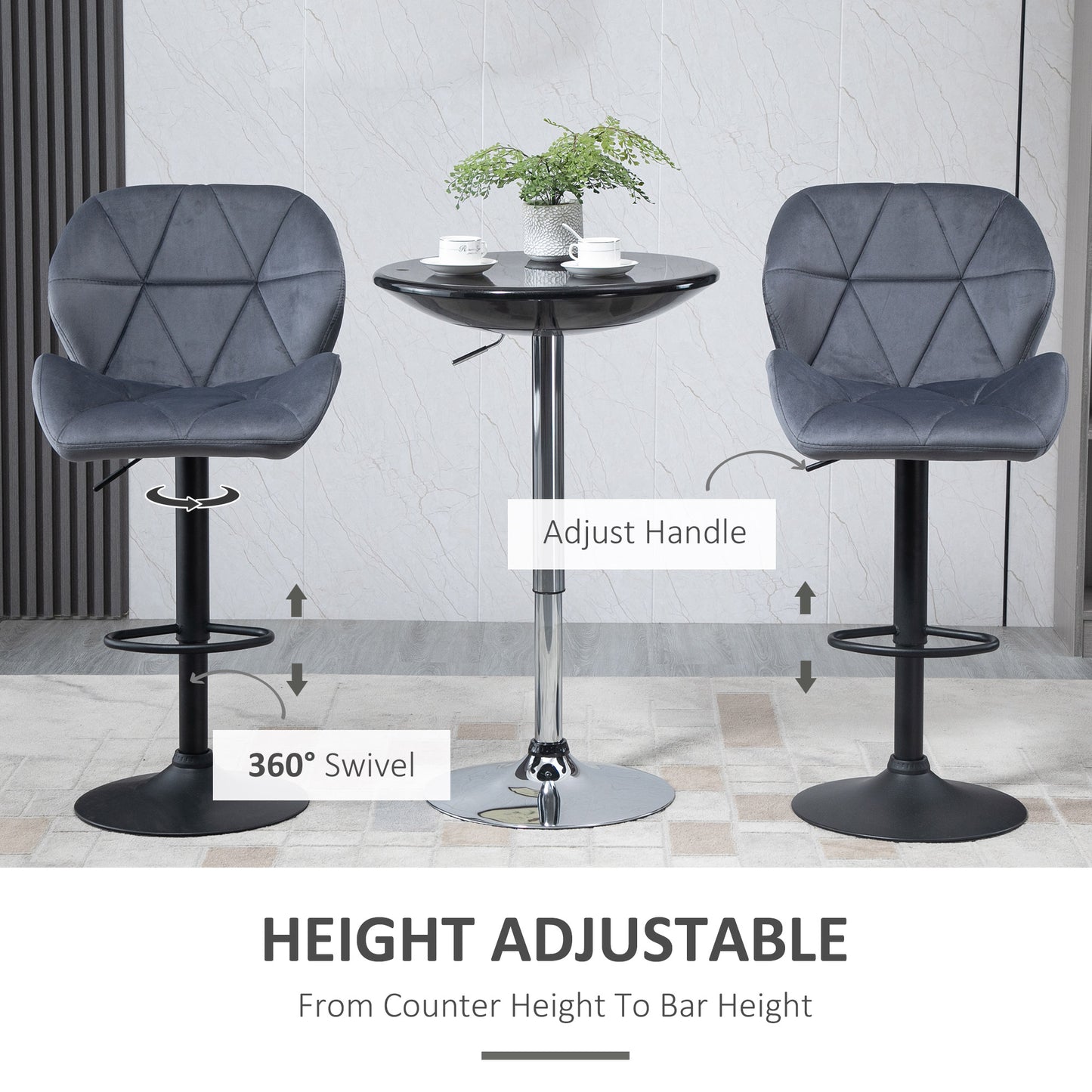 HOMCOM Grey Fabric Adjustable Swivel Armless Bar Stools Set of Two