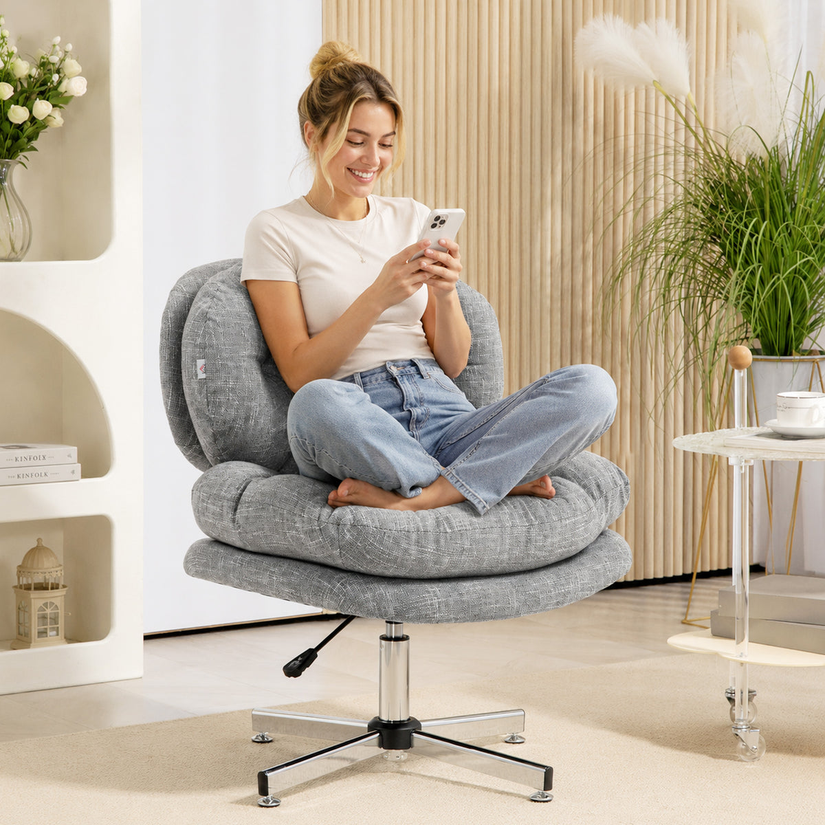 Computer Desk Chair, Armless Office Chair with Wide Padded Seat and Adjustable Height, Grey