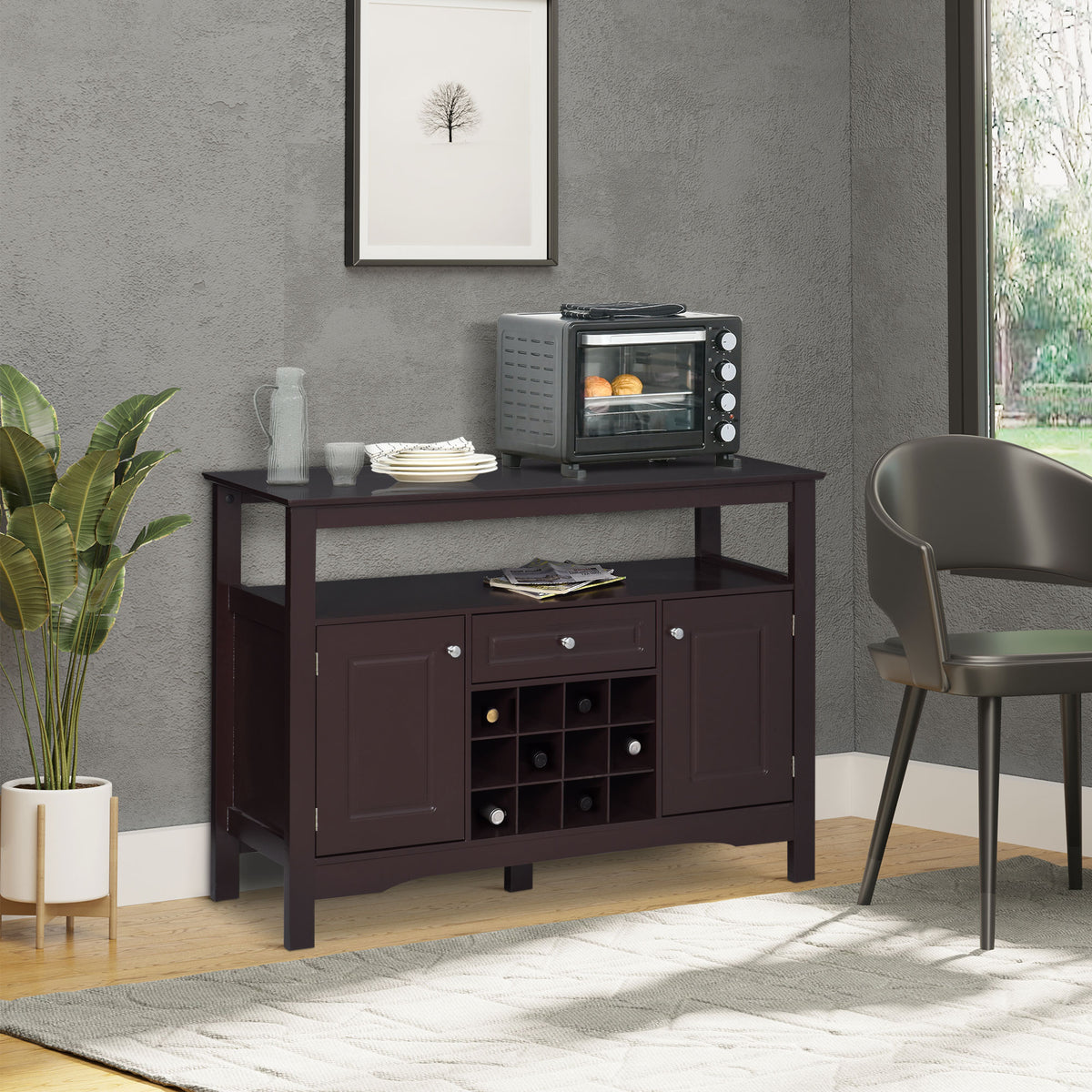 Buffet Bar Cabinet with Drawer and 12-Bottle Wine Rack – 46"W x 33"H