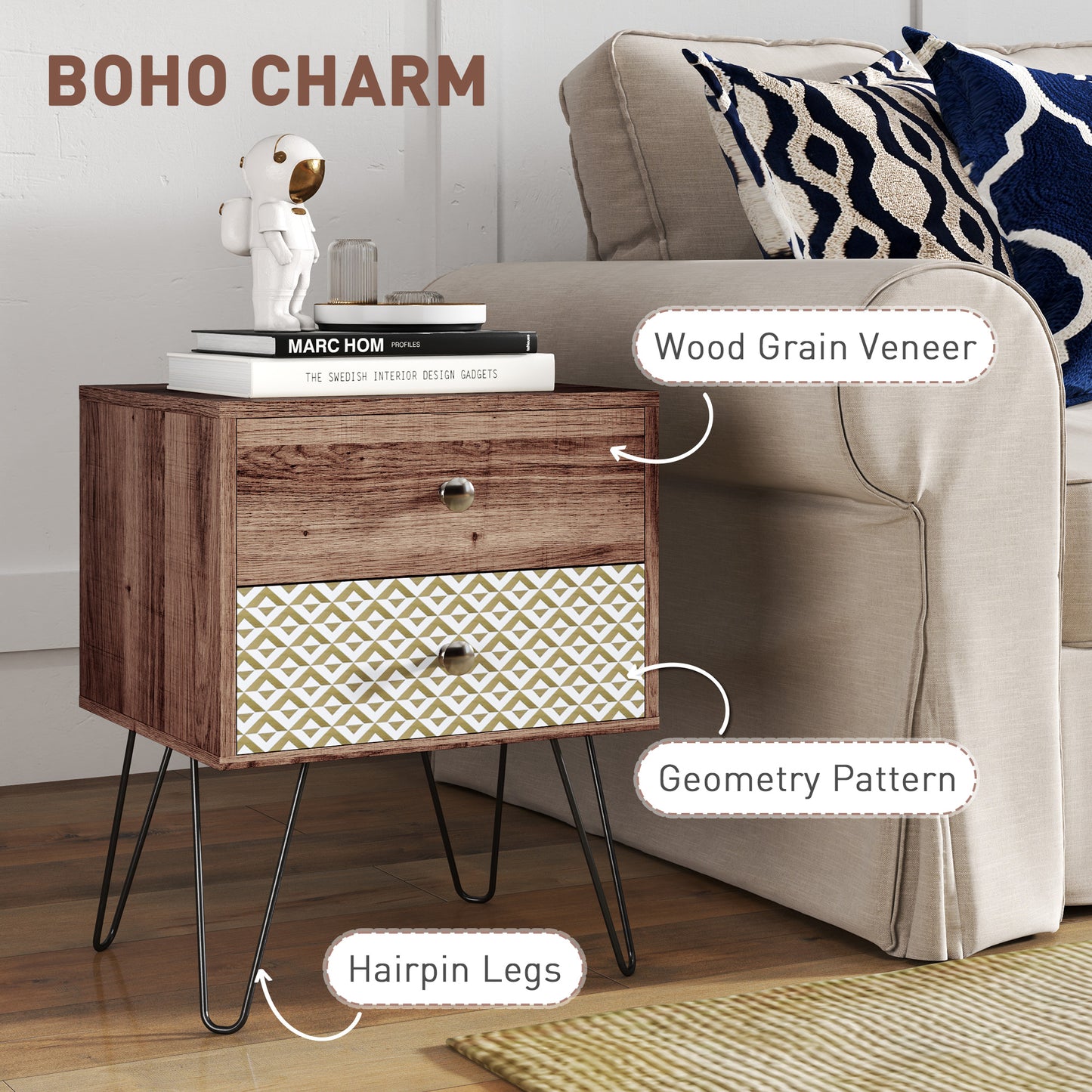 HOMCOM Boho Wood-Effect Nightstand with Two Drawers and Hairpin Legs