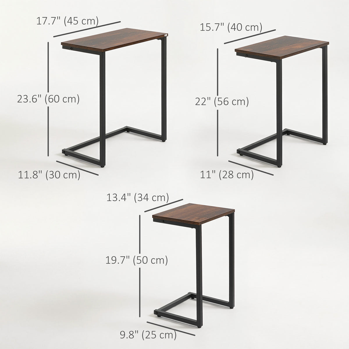 Nesting Side Tables Set of 3 – C-Shaped, Rustic Brown