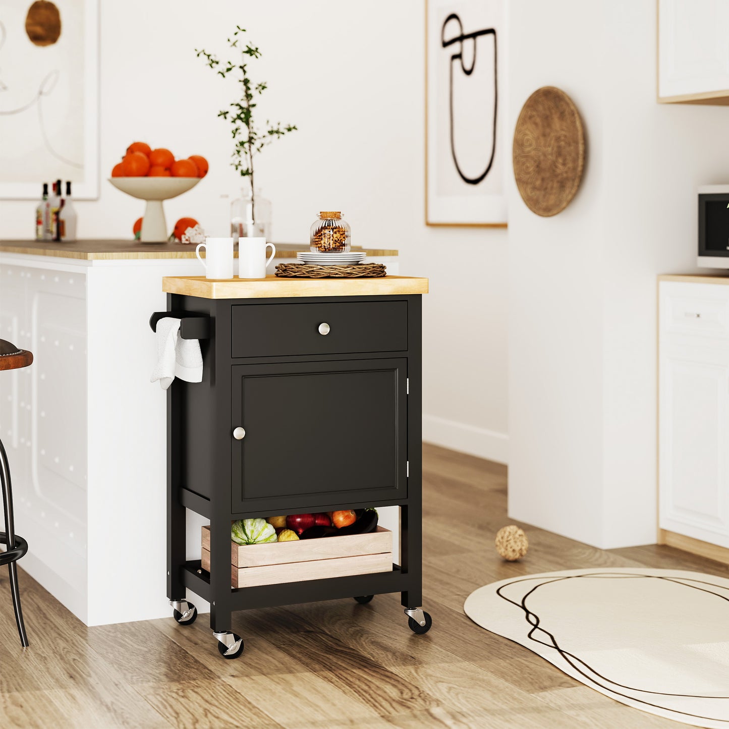 Rolling Kitchen Island Cart With Wood Top, White