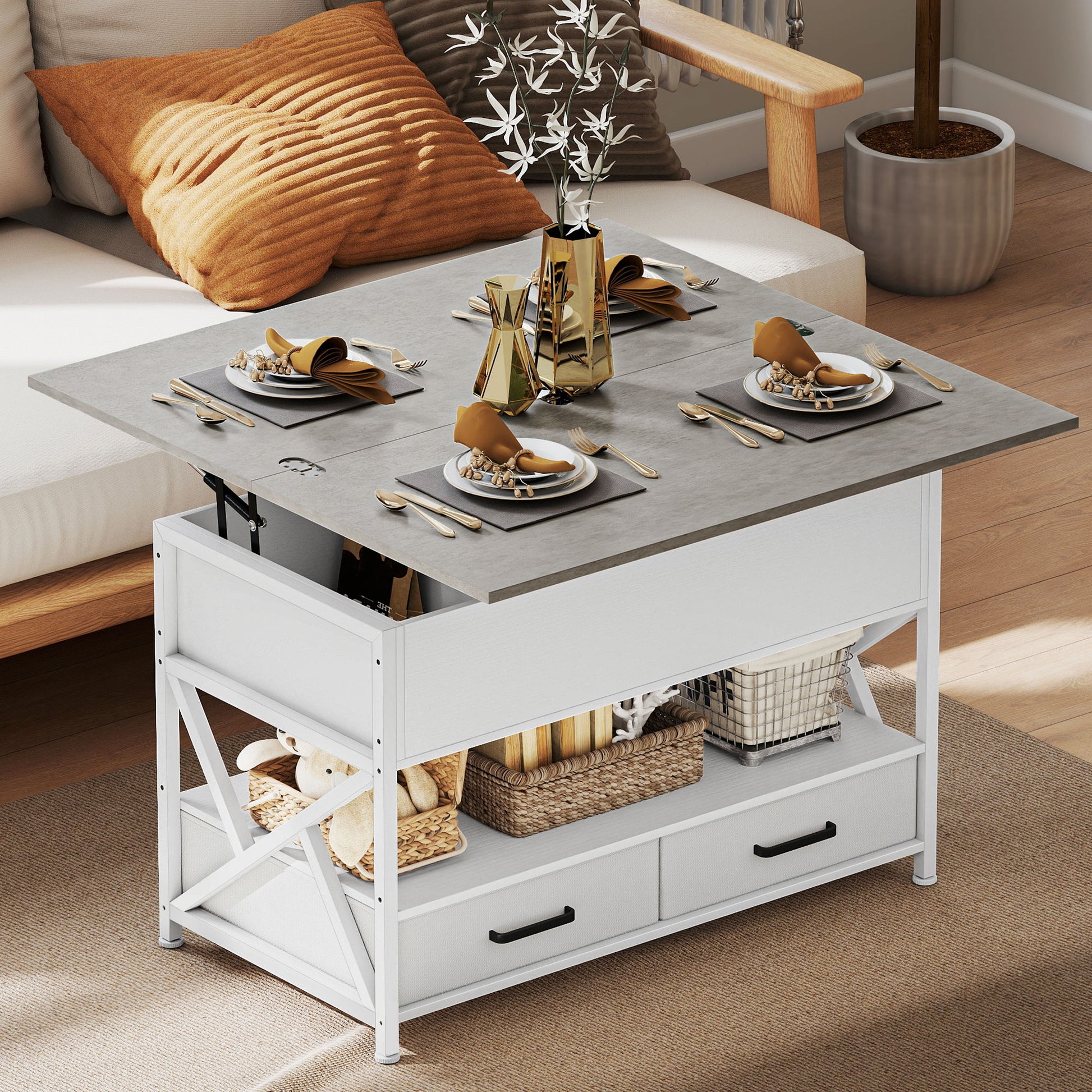HOMCOM Modern Lift-Top Coffee Table with Fabric Drawers and Hidden Storage